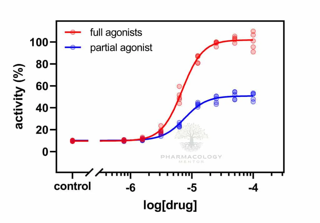 A dose-response graph depicting an efficacy of a full agonist in comparison to a partial agonist The plot illustrates the concept of differences in efficacy among drugs targeting the same receptor