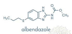 Albendazole anthelmintic drug molecule Used in treatment of parasitic worm infestations Skeletal formula