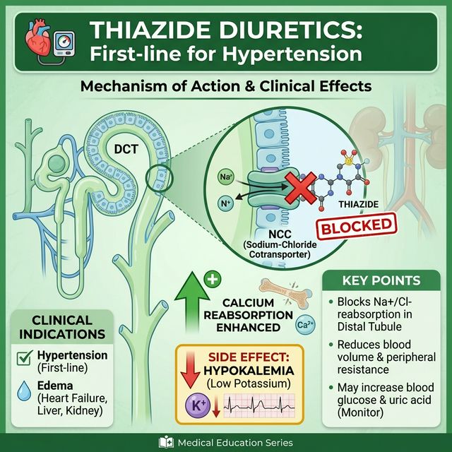 Thiazide Diuretics Mechanism - NCC Blockade, Calcium Sparing, First-line for Hypertension